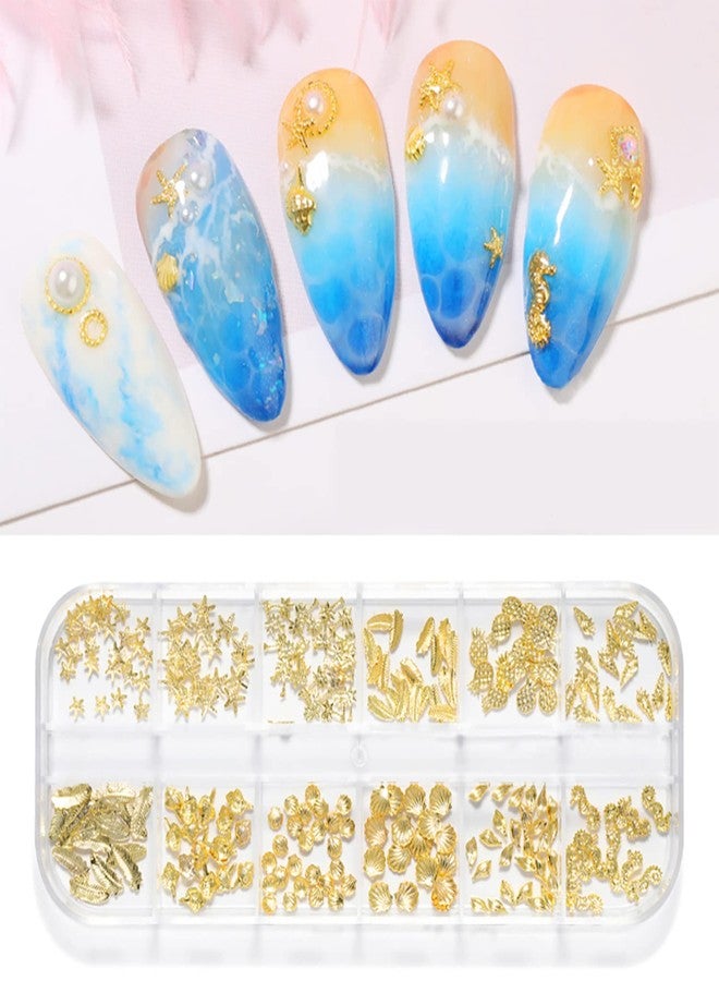 WEILUSI 3D Gold Nail Studs Shell Metal Nail Art Charms Sparkle Mix Shapes Seashell Star Jewels Pineapple Feathers Rivet Design Nail Charms for Women Summer DIY Crafts Manicure Decorations - Image 1